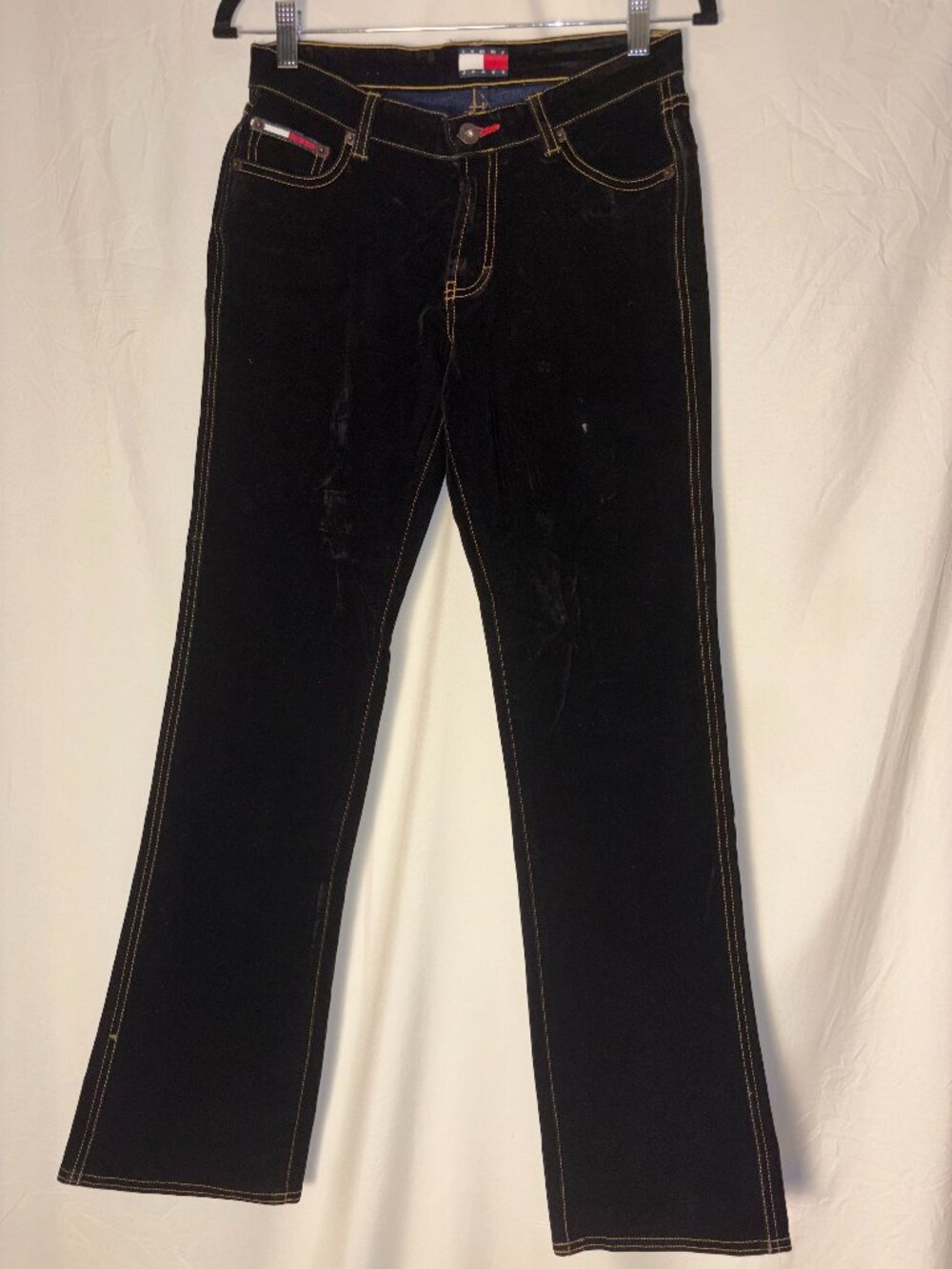 Tommy Jeans Jr Black Velour Bootcut Jeans 90s Contrast Stitch Denim | Size 7